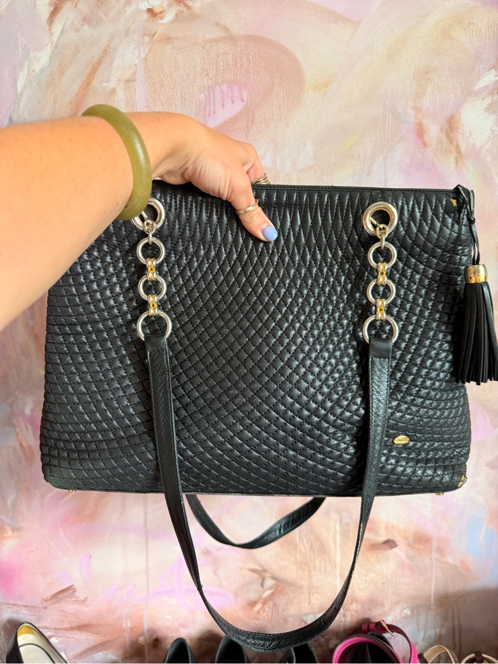 Bally Quilted Black Leather Tote Bag with Chain-Detail Straps